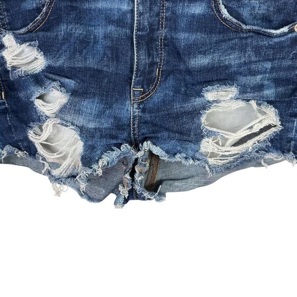 American Eagle Jean Shorts Women 10 Blue Hi-Rise Shortie Super Stretch Distress - Picture 2 of 8